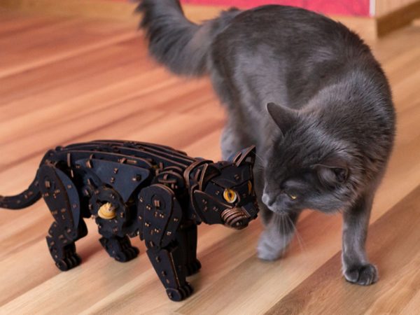 Деревянный 3D-конструктор Eco Wood Art Механический Черный Кот (Кошка)